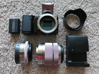 Sony Nex-5 mirroless camera with two lenses and accessories 1