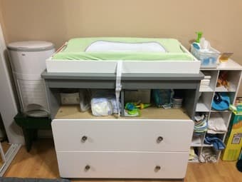 Changing station: changing table, pad, shelves, diaper pail, stool 1