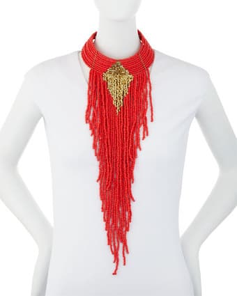Lydell NYC Beaded Tasseled Statement Choker Necklace, Coral 2