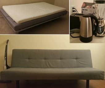 moving sale - bed, sofa, table, bookshelf, lights, chairs, and etc. 1