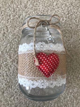 Beautifully decorated mason jar with burlap, rustic heart 2