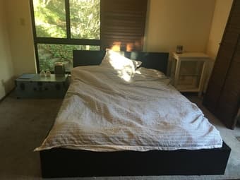 Queen Ikea malm bed(black), mauve couch, ergonomic desk chair, table 3