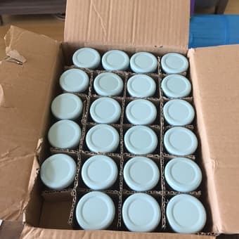 UNUSED 1.5 oz Hexagon Mini Glass Jars with Light Blue/Mauve Lids 1
