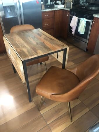 Expandable West Elm table + 2 leather chairs 1