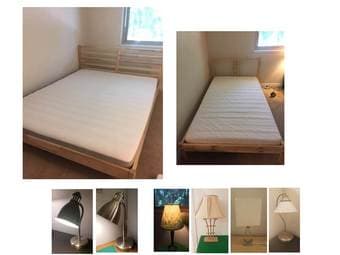 queen size bed, twin size bed, sofa, TV stand, table, book shelves 1