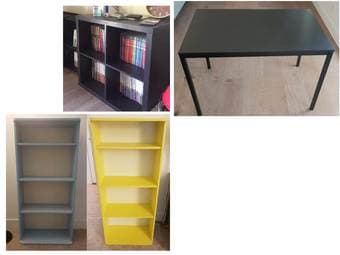 queen size bed, twin size bed, sofa, TV stand, table, book shelves 2