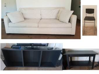 queen size bed, twin size bed, sofa, TV stand, table, book shelves 3