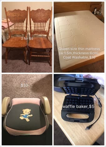 Chairs, mattress, safety seat and waffle baker 1