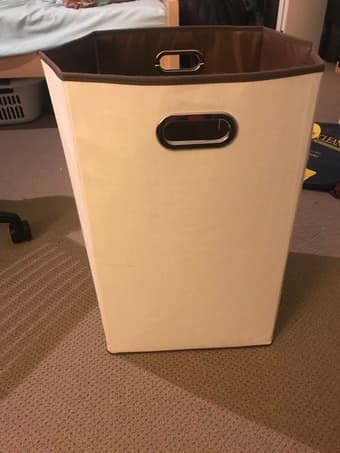 Clothes hamper, organizing boxes, and queen comforter 1