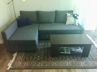 Sectional sofa bed w/storage; coffee table w/storage; kitchen stools 1