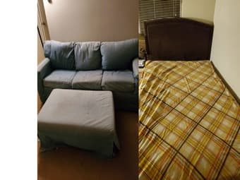 Moving sale- Bed, couch, table, lamps, microwave, shelf 1