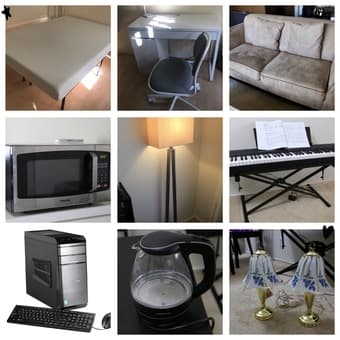 bed, sofa, desk, chair, floor lamp, piano, PC, microwave 1