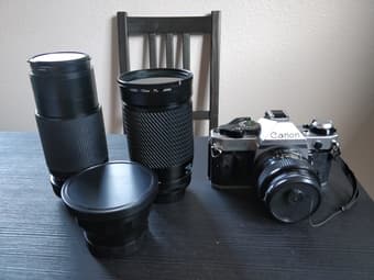 Canon AE-1 camera + 3 Cimko lenses 75-200mm, 28mm, 28-200mm + bag 1