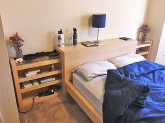 Full bed frame, headboard, and drawers/shelves/bookcases 1