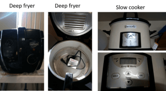 crock pot, deep fryer, baking pans, dining table, table 1