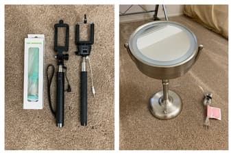 Weight scale, Selfie stick, Mirror with lights, Power strip, Hairdryer 2
