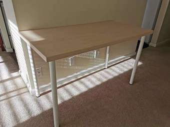 Zinus table ($70) IKEA desk ($40) Floor lamp with reading light ($20) 2
