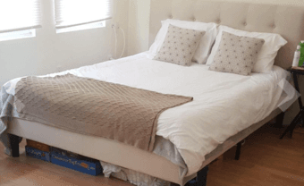 Queen upholstered platform bed & mattress 1