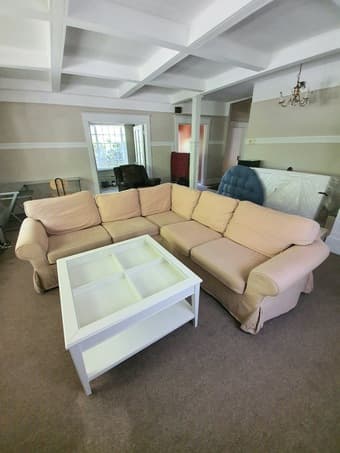 Beige L-shaped sofa couch, 5-seater 1