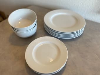 Full set of clean, white dishes (plates, bowls) 2
