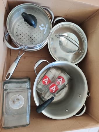 Moving Sale: night stand, unopened rice saysauce ,cleaning supp 3