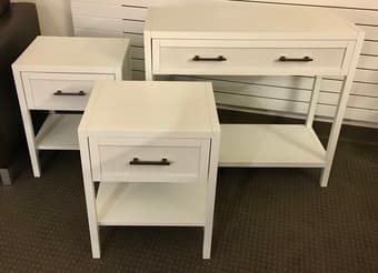Console table and 2 nightstands — white wood & rattan, in great shape! 2