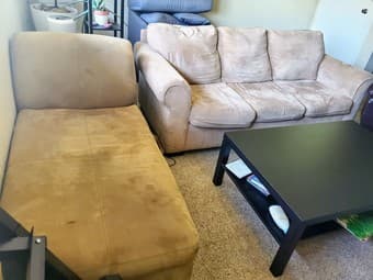 Tan Suede Couch and Chase 1