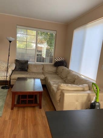 Leather sectional sofa (cream) + Wood coffee table 3