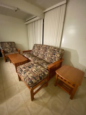 couch / futon, large chair, coffee table, side / end table, & Ottoman 1