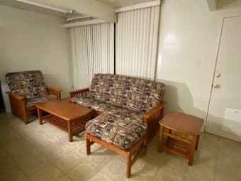 couch / futon, large chair, coffee table, side / end table, & Ottoman 1