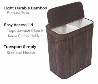 Double Laundry Hamper with Lid and Cloth Liner - Bamboo, Espresso 1