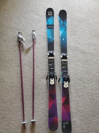 Skis with bindings and poles in great condition ($250), + gear 1