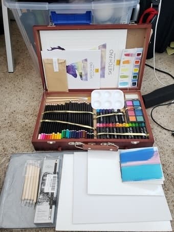 New oil pastels, watercolors, brushes, colored pencils,wood case 35OBO 2
