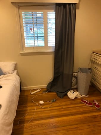 Queen bedframe + mattress, curtains 2