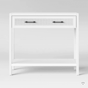 Console table and 2 nightstands — white wood & rattan, great condition 1