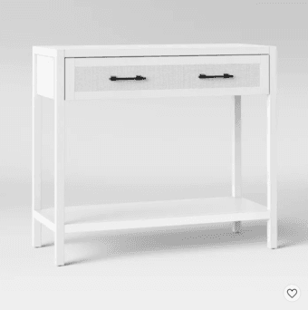 Console table and 2 nightstands — white wood & rattan, great condition 2