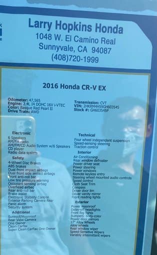 2016 Honda CR-V EX (available for pick up on 14 June) - low miles 1
