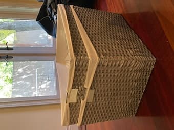 Grey lined + wicker storage bins 1