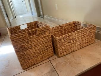 Grey lined + wicker storage bins 2