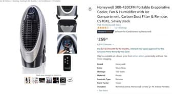 Honeywell 300-420CFM Portable Evaporative Cooler, Fan & Humidifier 2