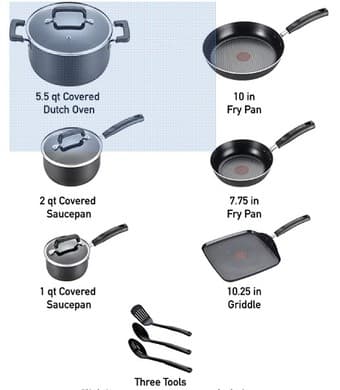 T-fal Signature Nonstick Dishwasher Safe Cookware Set, 12-Piece, Black 2
