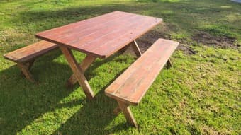 Outdoor table and bench (redwood) 1