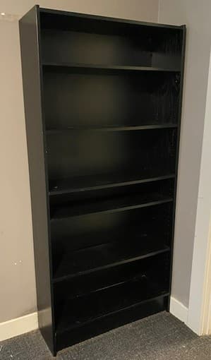 MOVING sale: tall black book shelf, 6 shelves 1