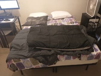 Queen bed, electric blanket, shelf, organizer, desk, nightstand 1