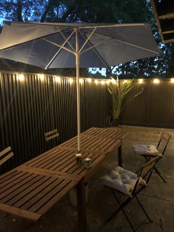 Porch table ($150), 4x wood chairs ($50 total) table umbrella ($20) 3