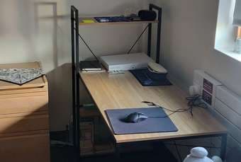Light wood desk for apartment with shelves on side and metal frame 3