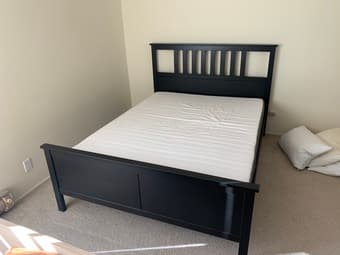 Hemnes queen bed, mattress, and pillows 1