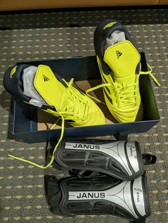 Soccer Adidas cleats, shields and ball 2