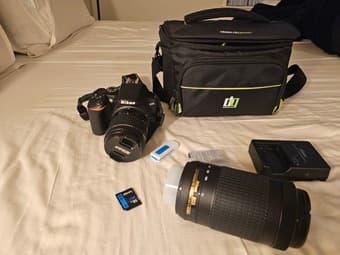 Nikon D3500 DSLR w/ 55 mm lens, bag, memory card 2