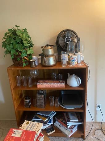 moving sale: bookshelf, lamp, glasses, books, microwaves, storage, etc 1